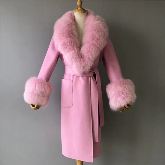 Luxury Women’s Cashmere and Wool Coat with Genuine Fur Collar