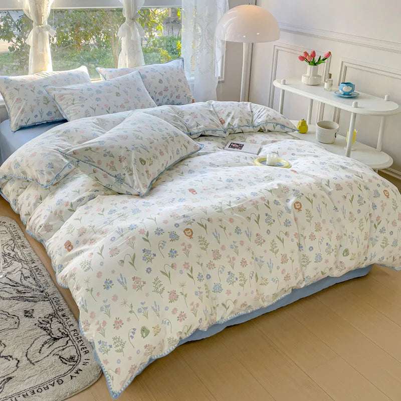 Ensembles de literie de fleurs pour filles pastorales, linge de lit en coton lavé, ensemble de draps de couette douce, couvre-lit simple, textiles de maison