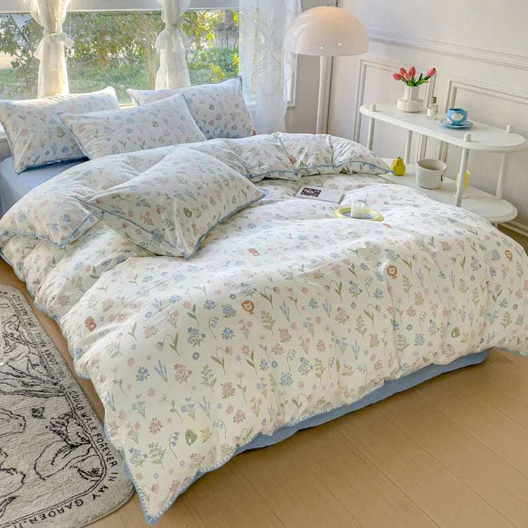 Ensembles de literie de fleurs pour filles pastorales, linge de lit en coton lavé, ensemble de draps de couette douce, couvre-lit simple, textiles de maison