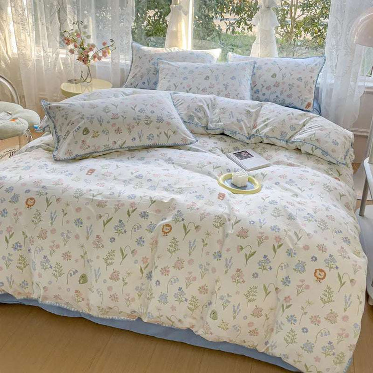 Ensembles de literie de fleurs pour filles pastorales, linge de lit en coton lavé, ensemble de draps de couette douce, couvre-lit simple, textiles de maison