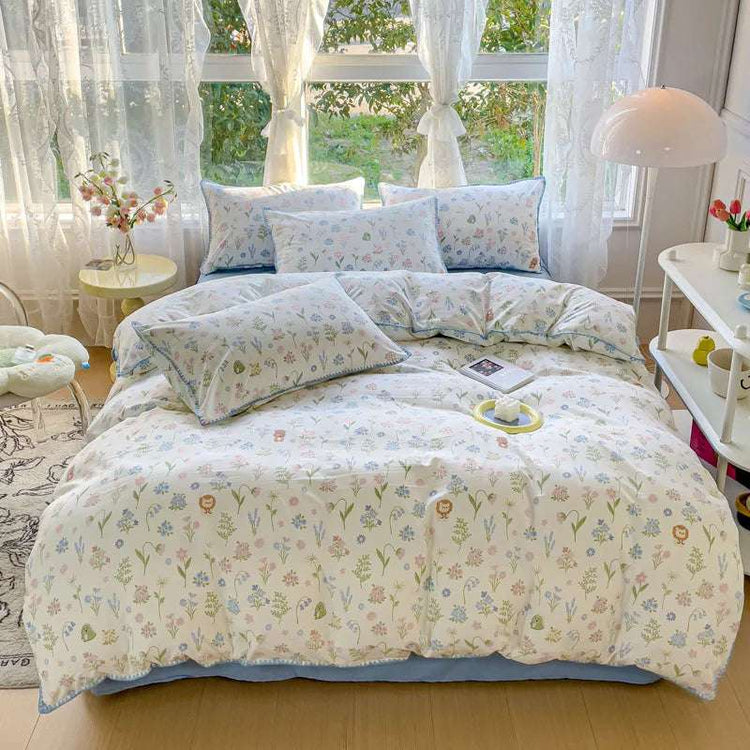 Ensembles de literie de fleurs pour filles pastorales, linge de lit en coton lavé, ensemble de draps de couette douce, couvre-lit simple, textiles de maison