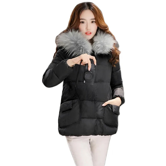 Women’s Short Winter Coat with Faux Fur Hood – Warm Plus Size Parka S–2XL