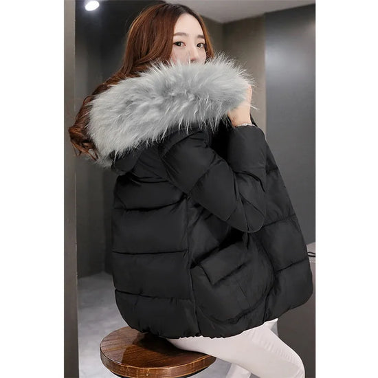 Women’s Short Winter Coat with Faux Fur Hood – Warm Plus Size Parka S–2XL