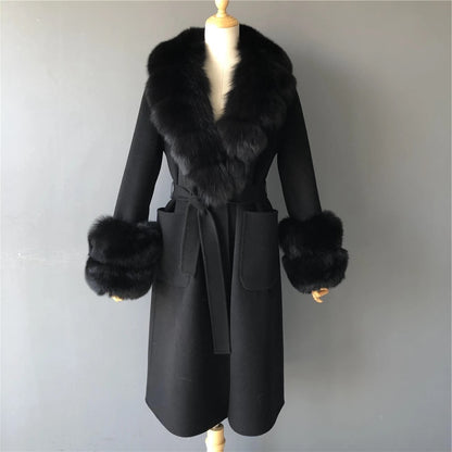 Luxury Women’s Cashmere and Wool Coat with Genuine Fur Collar