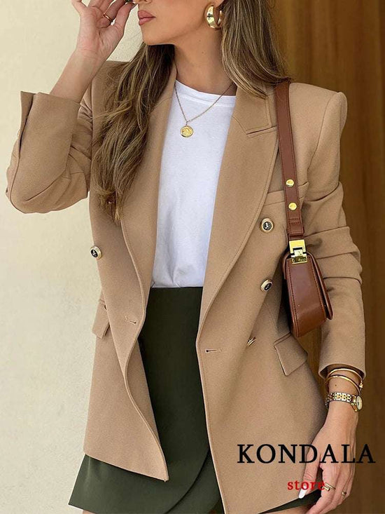 KONDALA Office Lady Solid Blazer Femmes V Neck Manches Longues Double Boutons