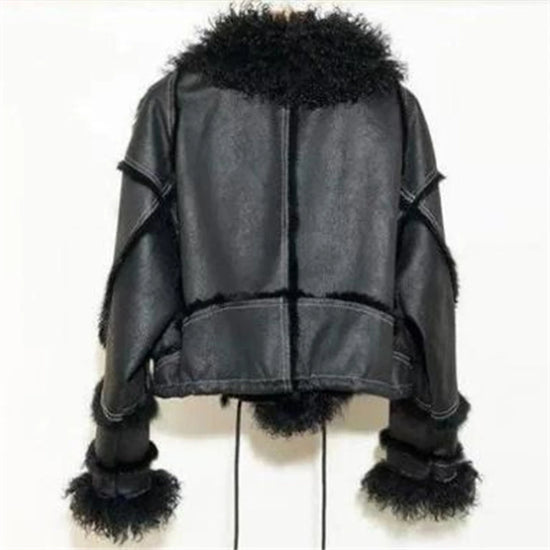 Women’s Winter Jacket with Faux Lamb Fur Lapel – Warm Lining and Long Sleeves