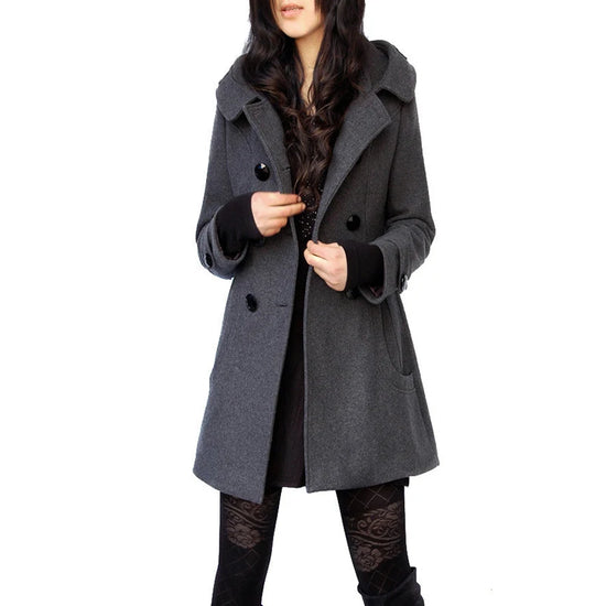 Women’s Long Wool Coat with Hood – Windbreaker Double-Breasted, Plus Sizes up to 5XL