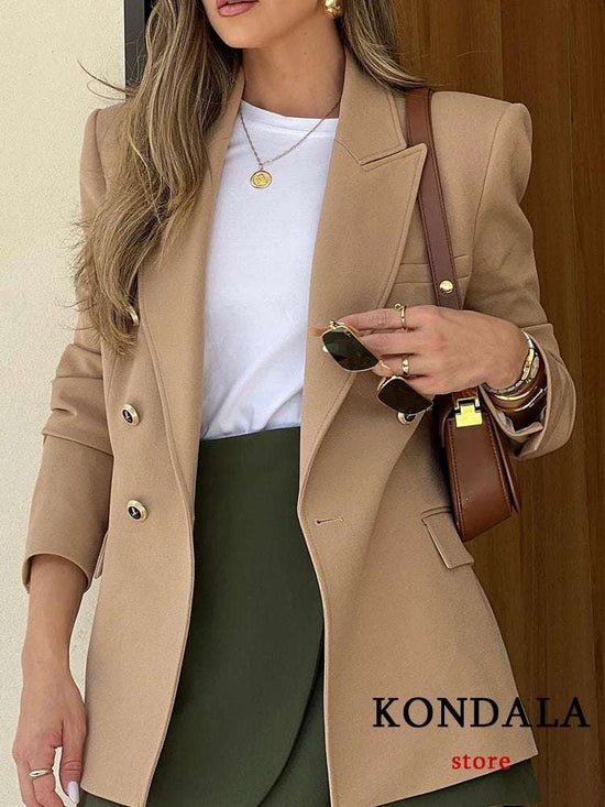 KONDALA Office Lady Solid Blazer Femmes V Neck Manches Longues Double Boutons