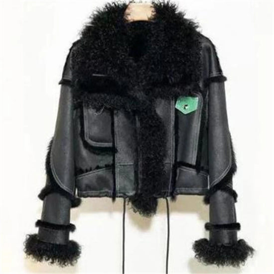 Women’s Winter Jacket with Faux Lamb Fur Lapel – Warm Lining and Long Sleeves