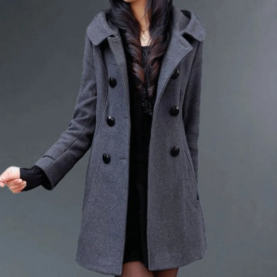 Women’s Long Wool Coat with Hood – Windbreaker Double-Breasted, Plus Sizes up to 5XL