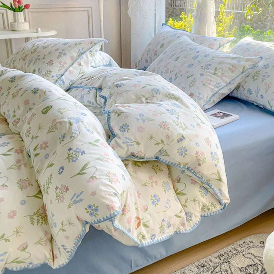 Ensembles de literie de fleurs pour filles pastorales, linge de lit en coton lavé, ensemble de draps de couette douce, couvre-lit simple, textiles de maison