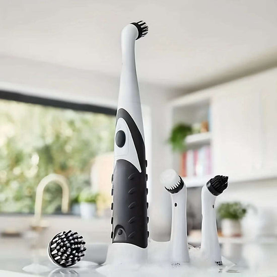 Electric cleaning brush with four interchangeable heads for versatile cleaning in kitchen and bathroom.