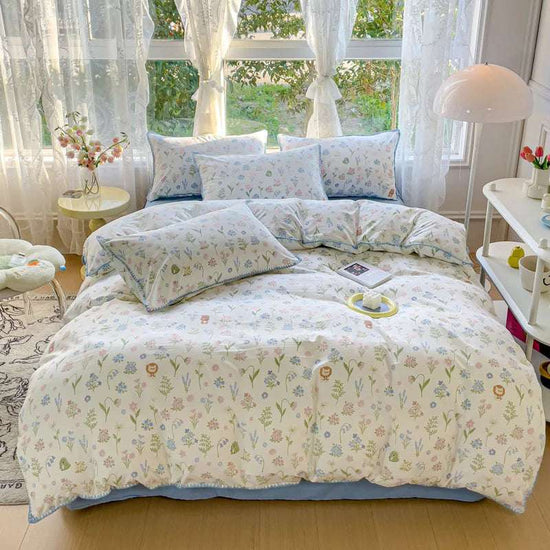 Ensembles de literie de fleurs pour filles pastorales, linge de lit en coton lavé, ensemble de draps de couette douce, couvre-lit simple, textiles de maison
